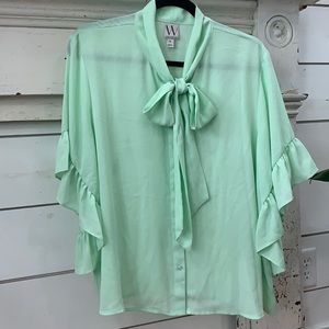 XL Seafoam Ruffle Blouse w/ Collar Tie Detail NWT